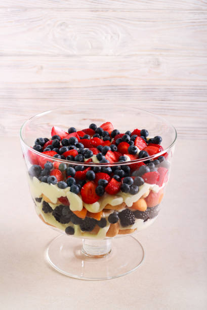 istock Mix berry and fruit trifle served 1165715084