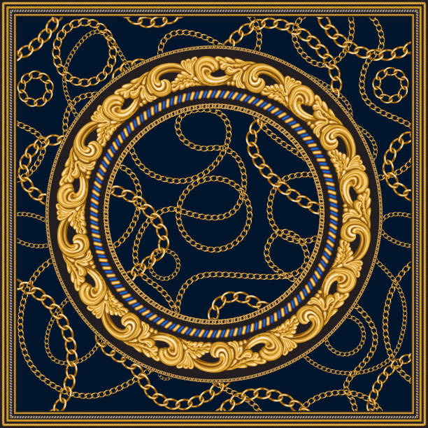 ilustraciones, imágenes clip art, dibujos animados e iconos de stock de impresión de chal vectorial sobre un fondo azul oscuro. patrón de moda de cadenas de oro, pergaminos de fantasía barrocos. bufanda, pañuelo, pañuelo, pañuelo, pañuelo, parche textil de seda, alfombra - scarf