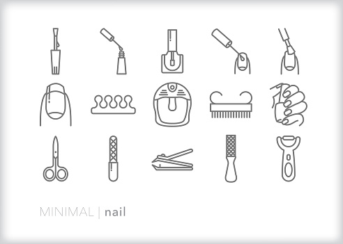Set of 15 nail salon line icons for getting a professional manicure or pedicure