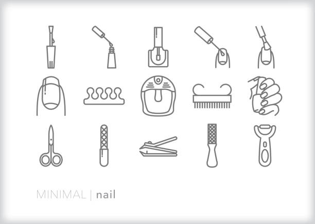 Nail salon line icon set Set of 15 nail salon line icons for getting a professional manicure or pedicure nail brush stock illustrations