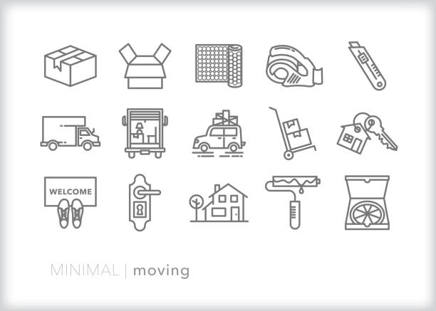 Moving to a new home line icon set Set of 15 moving line icons of packing and moving to a new home key doormat stock illustrations
