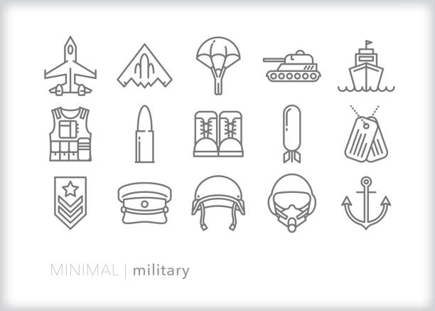Military line icon set representing American army, navy and air force Set of 15 military line icons of army, navy, marines and air force equipment, machinery, gear and weapons veteran stock illustrations
