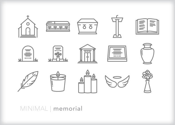 ilustraciones, imágenes clip art, dibujos animados e iconos de stock de conjunto de iconos de memorial y línea funeraria - place of burial illustrations