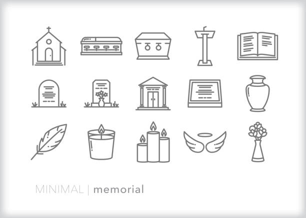 illustrazioni stock, clip art, cartoni animati e icone di tendenza di set di icone della linea commemorativa e funebre - aureola simbolo illustrazioni