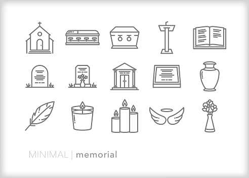 Set of 15 memorial line icons to celebrate the end of life through a church service, funeral, service, or burial.