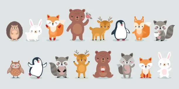 Vector illustration of Woodland Boho characters -  bear, fox, raccoon, hedgehog, penguin, deer, rabbit, owl and squirrel.