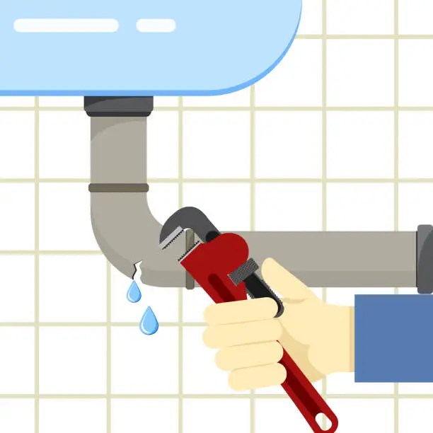 Vector illustration of Sink and broken pipe with leaking water and with hand holding wrench