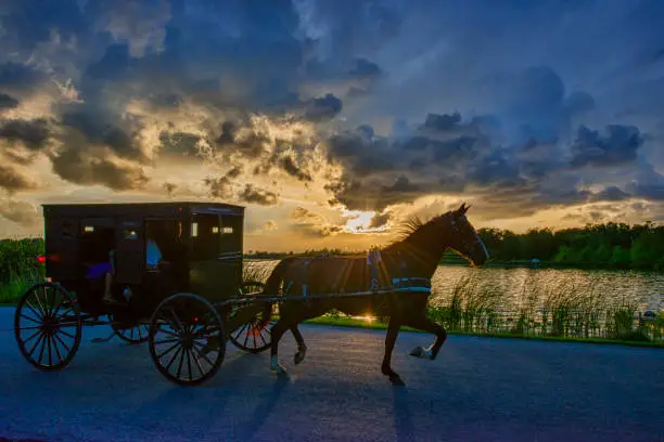 Amish Buggy at Sunset at lake with clouds and sunbeams.