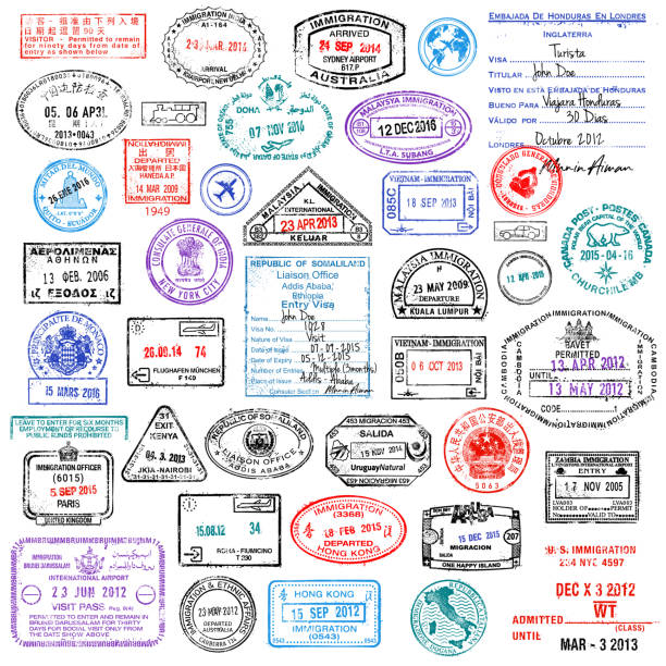 ilustrações de stock, clip art, desenhos animados e ícones de travel stamps super collection stock illustration - entering airplane