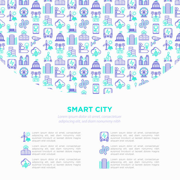 illustrations, cliparts, dessins animés et icônes de concept de ville intelligente avec des icônes de ligne mince : énergie verte, urbanisme intelligent, mobilité efficace, zéro émission, transport électrique, trafic équilibré, cctv. illustration de vecteur, modèle de presse écrite. - urbanity