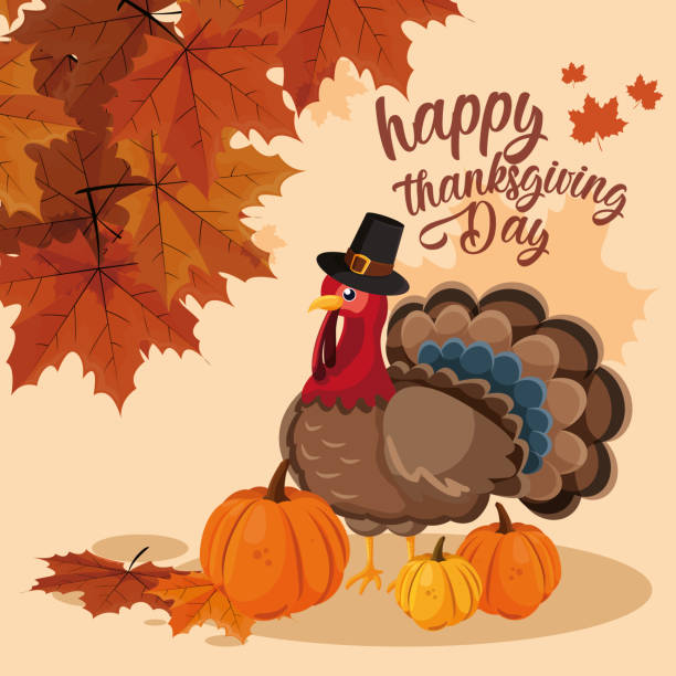 ilustraciones, imágenes clip art, dibujos animados e iconos de stock de pavo con calabazas y sombrero peregrino del día de acción de gracias - happy thanksgiving