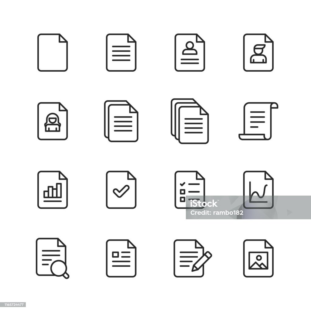 Document Line Icons. Editable Stroke. Pixel Perfect. For Mobile and Web. Contains such icons as Document, File, Communication, Resume, File Search. 16 Document Outline Icons. Icon stock vector