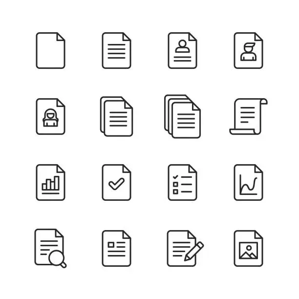 Vector illustration of Document Line Icons. Editable Stroke. Pixel Perfect. For Mobile and Web. Contains such icons as Document, File, Communication, Resume, File Search.