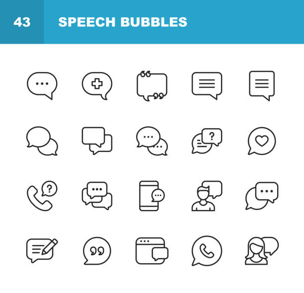 ilustrações de stock, clip art, desenhos animados e ícones de vector speech bubbles and communication line icons. editable stroke. pixel perfect. for mobile and web. - texto