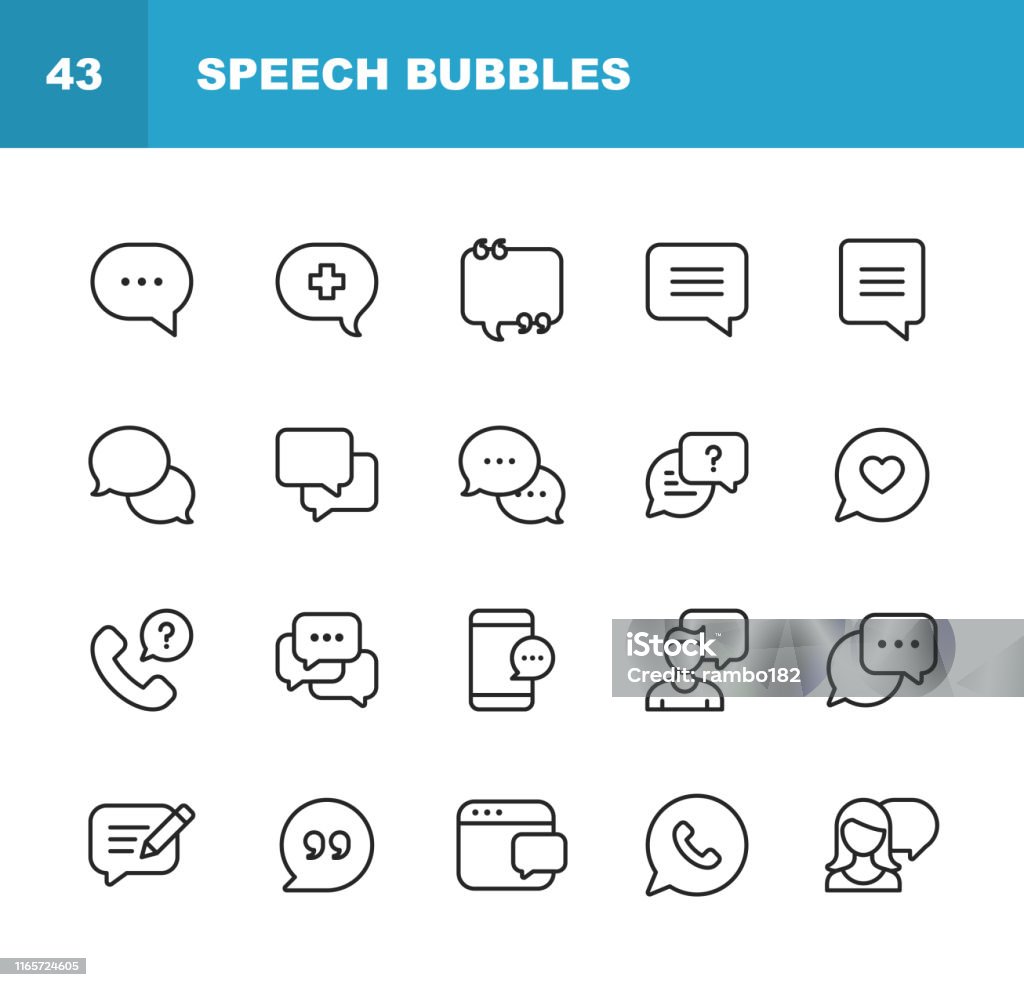 Vector Speech Bubbles and Communication Line Icons. Editable Stroke. Pixel Perfect. For Mobile and Web. 20 Speech Bubbles and Communication Outline Icons. Icon stock vector