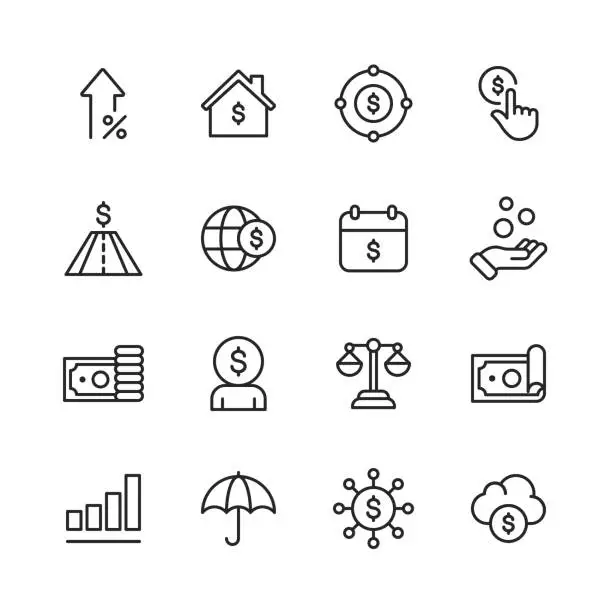 Vector illustration of Finance and Banking Line Icons. Editable Stroke. Pixel Perfect. For Mobile and Web. Contains such icons as Money, Finance, Banking, Coins, Chart, Real Estate, Personal Finance, Insurance, Balance, Global Finance.