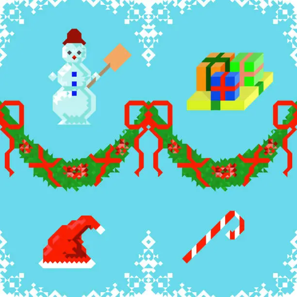 Vector illustration of Seamless pattern with a snowman, Santa Claus hat, candy cane and boxe