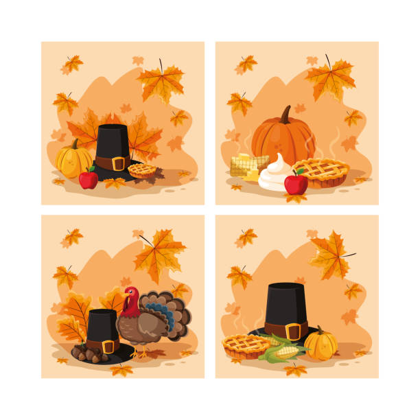 pilgrim hat of thanksgiving day with set icons pilgrim hat of thanksgiving day with set icons vector illustration design apple pie a la mode stock illustrations