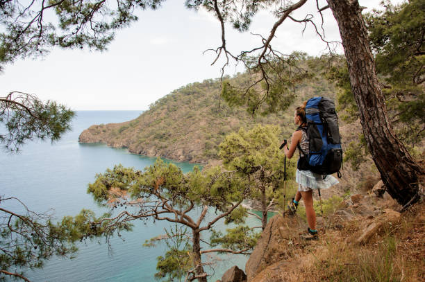 istock Girl with backpack and hiking sticks standing on the rock 1165728370