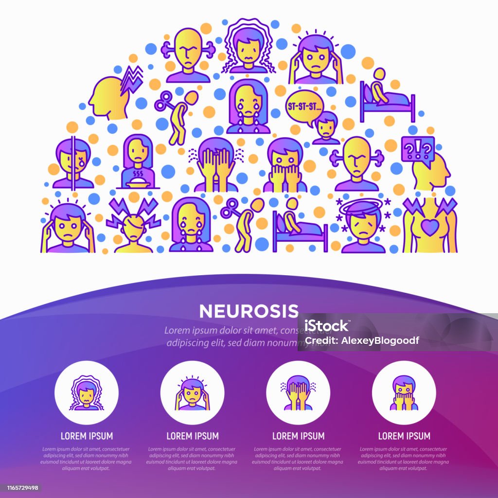 Neurosis concept in half circle with thin line icon: panic attack, headache, fatigue, insomnia, despair, phobia, mood instability, stuttering, psychalgia. Vector illustration, web page template. - Royalty-free Ansiedade arte vetorial
