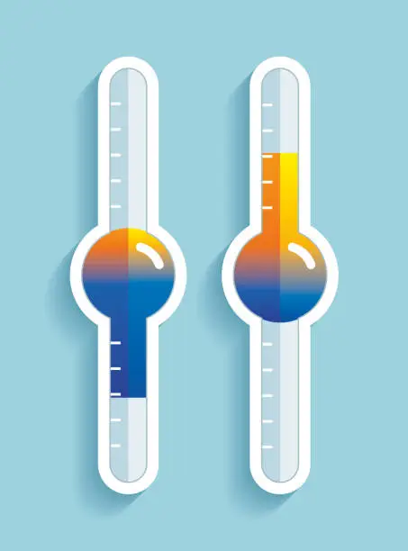 Vector illustration of Thermometer in flat style, transition from cold to hot temperature, design element on color background. Vector design object