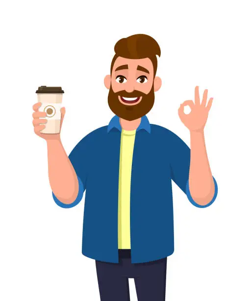 Vector illustration of Happy bearded trendy man holding a coffee cup and showing, gesturing or making okay, OK sign with hand fingers. Male character design illustration. Modern lifestyle, food and drink concept in cartoon.