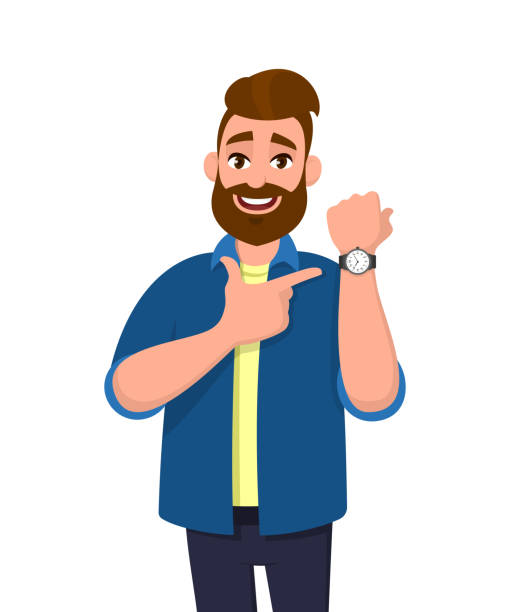 ilustrações de stock, clip art, desenhos animados e ícones de young bearded man pointing or showing time on his wrist watch. male character design illustration. trendy person standing isolated in white background. modern lifestyle, concept in vector cartoon. - clock face clock deadline human hand