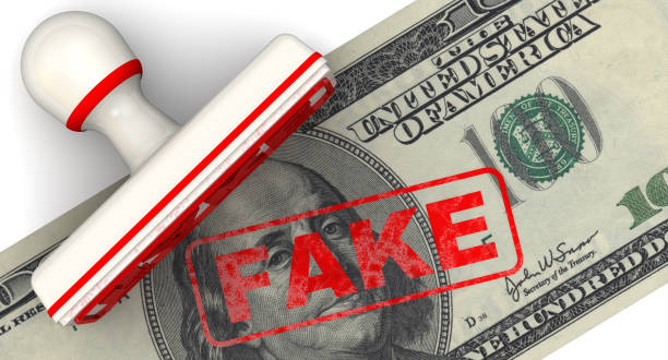 Counterfeit American Dollar Bill Red seal and imprint FAKE on the US dollar banknote. Isolated. 3D Illustration one hundred dollar stamp stock pictures, royalty-free photos & images