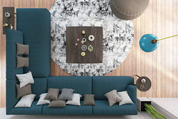 Living Room Above View Living Room Above View. 3D Render coffee table top stock pictures, royalty-free photos & images
