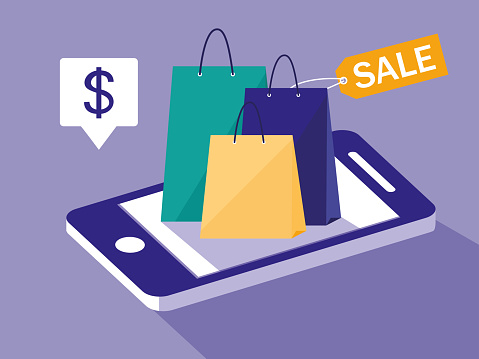 shopping online with smartphone and bags vector illustration design