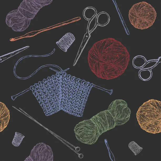 Vector illustration of Seamless pattern with vintage knitting tools on black. Based on hand drawn sketch. Hobby class series.