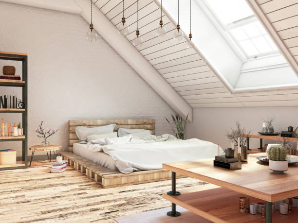 Bedroom in Attic Loft room with cozy design. owners bedroom photos stock pictures, royalty-free photos & images