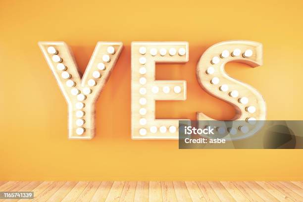 Yes Light Bulb Sign On Orange Background Stock Photo - Download Image Now - Neon Lighting, Check Mark, Light Bulb