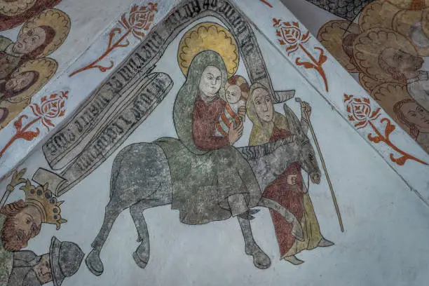 Flight into Egypt, a wall-painting from about the year 1500 in the church of St. Mary, Elsinore, Denmark, May 14, 2019