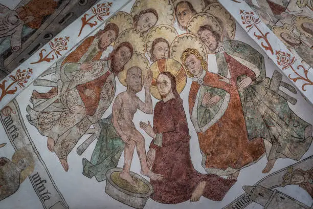 Christ Washing the Feet of the Apostles, a wall-painting from about the year 1500 in the church of St. Mary, Elsinore, Denmark, May 14, 2019