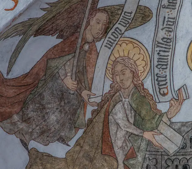 The announciation, the angel Gabriel comes to Mary, a wall-painting from about the year 1500 in the church of St. Mary, Elsinore, Denmark, May 14, 2019