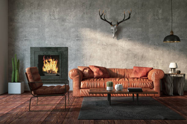 Loft Interior with Leather Sofa and FirePlace Loft Interior with Leather Sofa and Skull. 3D Render leather couch stock pictures, royalty-free photos & images