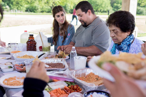 istock Young woman talks with her dad during picnic 1165743027