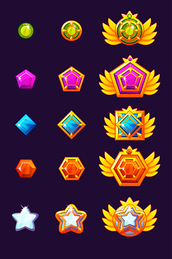 Set Gems award progress. Golden amulets set jewelry. Vector icons assets for game design on separate layers