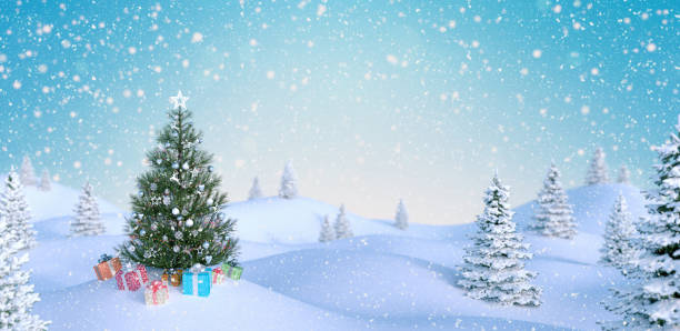 istock Decorated Christmas tree and gifts outdoors falling snow 3d render 1165749212