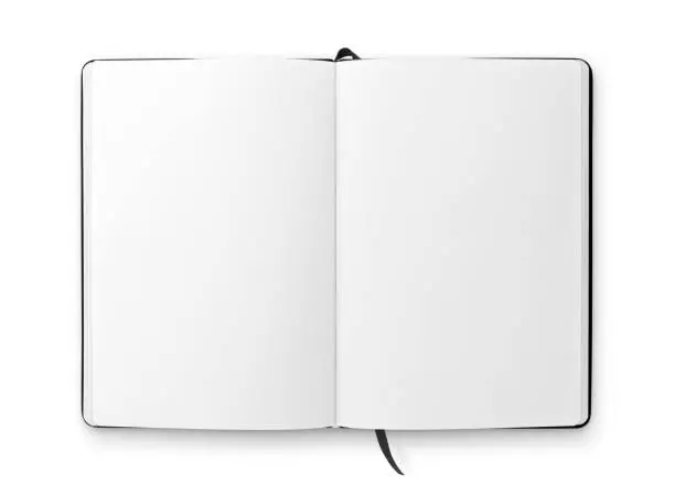 Open blank notebook with black ribbon bookmark isolated on white