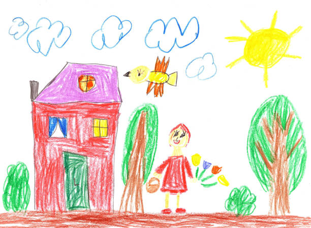 детский рисунок счастливой девочки - paintings child house childhood stock illustrations