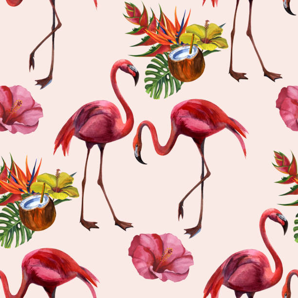 istock Tropical wildlife flamingo  seamless pattern. Hand Drawn jungle nature, flowers illustration. Print for textile, cloth, wallpaper, scrapbooking 1165759926