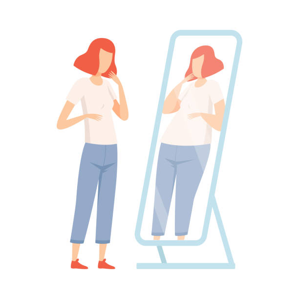 ilustrações de stock, clip art, desenhos animados e ícones de slim teen girl seeing herself fat in mirror, teenager puberty problem vector illustration - anorexia