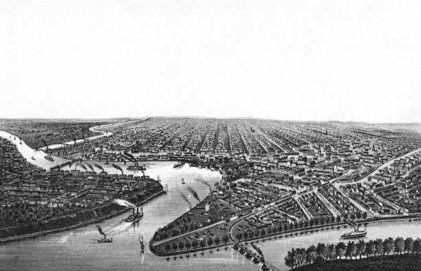 High angle cityscape of Winnipeg, Manitoba, Canada. Vintage etching circa late 19th century.
