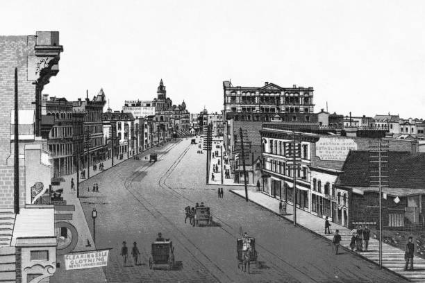 위니펙 메인 스트리트의 도시 경관, 매니토바, 캐나다 - 19 세기 - canada main street manitoba winnipeg stock illustrations