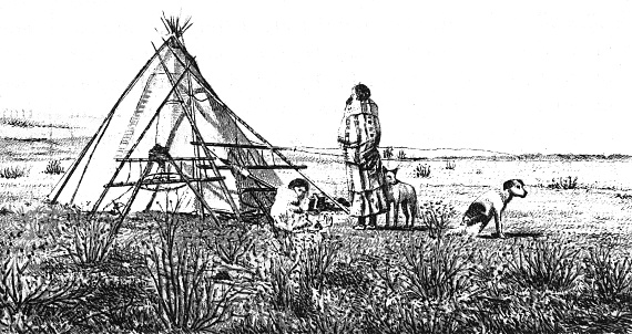 Siksika First Nations family at their teepee in Alberta, Canada. Vintage etching circa late 19th century. Alberta became a province in 1905, until then it was part of the Northwest Territories.