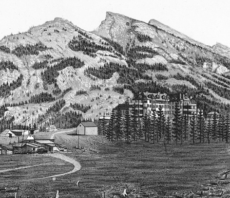 The town of Banff in the Canadian Rockies of Alberta, Canada. Vintage etching circa late 19th century. Alberta became a province in 1905, until then it was part of the Northwest Territories.
