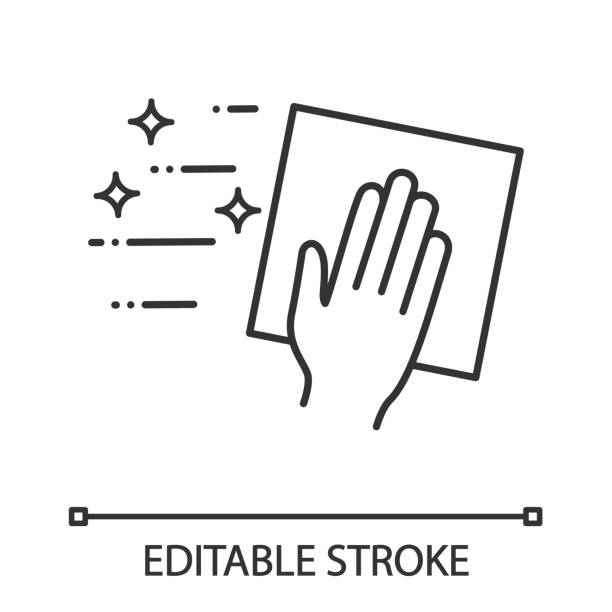 Cleaning napkin icon Cleaning napkin linear icon. Windows cleaning cloth. Surface wiping, disinfection. Editable stroke surface disinfection stock illustrations