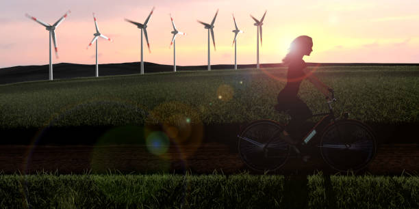 e-movilidad. e-bike y turbinas eólicas. - wind turbine motion alternative energy wind power fotografías e imágenes de stock